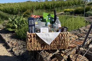 A woven basket filled with snacks and beverages, placed amid a lush green garden, surrounded by plants and a wire fence.