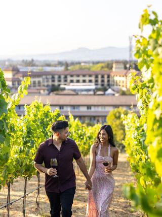 A couple strolls hand-in-hand through a vineyard, enjoying the scenery and holding glasses of wine, with a pleasant landscape in the background.