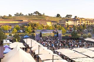 A lively outdoor concert scene with a large crowd gathered near a stage, surrounded by vineyards and buildings under a clear sky.