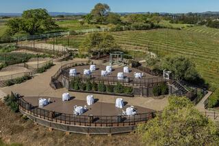 A scenic outdoor venue featuring circular decks with tables, surrounded by lush greenery and vineyards, ideal for events.