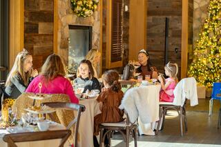 A festive gathering of women and girls enjoy a tea party, adorned with holiday decor and cheerful smiles amid a cozy setting.