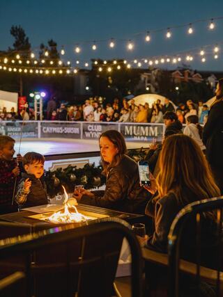 Gathered around an outdoor ice rink, families enjoy the festive atmosphere with string lights and warm fires, creating a cozy winter vibe.