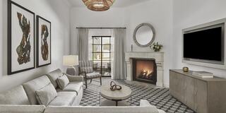 A cozy hotel living room features a light gray sofa, modern decor, a fireplace, and artworks, all complemented by a stylish rug and natural light.