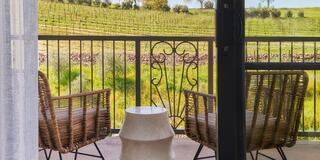 A serene balcony view featuring wicker chairs and a stylish side table, overlooking lush vineyards and distant trees under a clear sky.