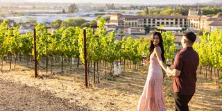 A couple enjoys a romantic moment in a vineyard, holding glasses of wine, with lush greenery and distant buildings in the background.