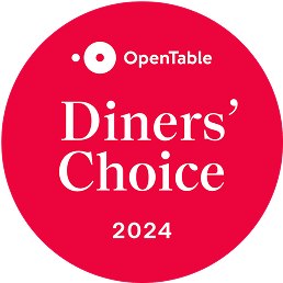 A red circular badge featuring "Diners' Choice 2024" with the OpenTable logo, indicating a top dining selection for the year.