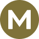 A bold, minimalist logo featuring a prominent black letter "M" centered within a circular olive-green background.