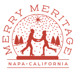A festive logo featuring two skaters holding hands under a star, surrounded by snowflakes and trees, labeled "Merry Meritage, Napa, California."