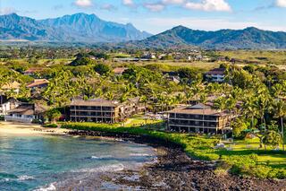 Tropical palm trees line a beachfront, with elegant buildings nestled against a backdrop of lush mountains and a clear blue sky.