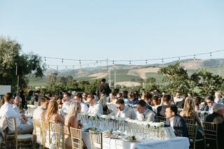 A lively outdoor gathering at a long table, featuring guests in elegant attire, with beautiful scenery and string lights above.