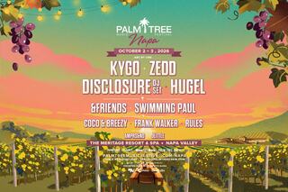 A vibrant music festival poster featuring artists like Kygo, Zedd, and Disclosure, set in Napa Valley on October 2-3, 2026.