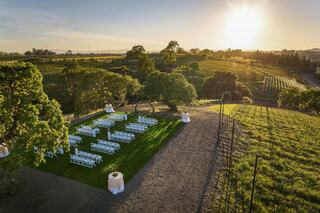 A serene outdoor venue with rows of white chairs on lush grass, surrounded by trees and vineyards, under a warm sunset glow.