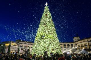 A grand Christmas tree adorned with lights and ornaments stands tall amidst a joyful crowd, illuminated under a starry night sky with artificial snow falling.