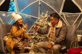 A couple toasts with drinks in a cozy, transparent dome, surrounded by a Christmas tree and festive decorations, embracing a winter evening.