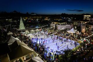 A vibrant outdoor ice skating rink filled with people, twinkling lights, and a decorated Christmas tree under a twilight sky.