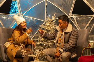 A couple toasts in a cozy, clear-domed setting adorned with a Christmas tree and holiday lights, exuding warmth and celebration.