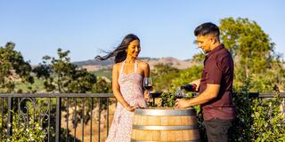 A couple enjoys wine together at a scenic outdoor setting, with lush hills and trees in the background, creating a romantic atmosphere.
