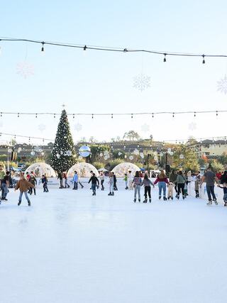 A busy ice skating rink features skaters of all ages, a festive Christmas tree, and holiday decorations under a clear blue sky.
