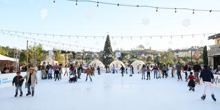 A bustling ice skating rink filled with families and friends, adorned with festive decorations and a large Christmas tree in the center.