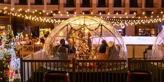 Charming transparent igloos with warm lighting surround a festive scene featuring a Christmas tree and holiday decorations. Cozy atmosphere.