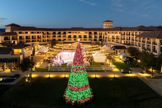 A vibrant outdoor ice skating rink filled with people, twinkling lights, and a decorated Christmas tree under a twilight sky.