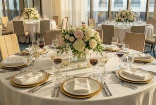 An elegantly set dining table adorned with fine dinnerware, sparkling glassware, and a beautiful floral centerpiece under soft lighting.