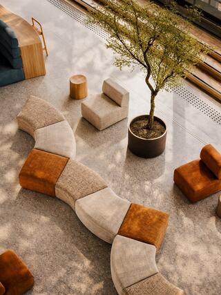 A cozy, modern lounge area featuring unique seating, warm colors, and a small tree, creating a relaxed and inviting atmosphere.