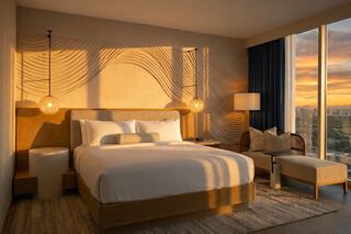 A stylish hotel room featuring a large bed, modern decor, warm lighting, and floor-to-ceiling windows showcasing a picturesque sunset.