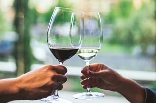 Two hands clink wine glasses, one filled with red wine, the other with white, against a blurred outdoor backdrop. Cheers to celebration!