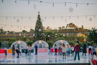 A festive ice skating rink features a decorated Christmas tree and snowflake decorations, with people enjoying the winter wonderland.