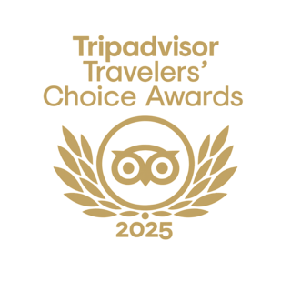 Gold emblem featuring laurel leaves, stating "Tripadvisor Travelers' Choice Awards 2025" with a distinctive owl logo in the center.