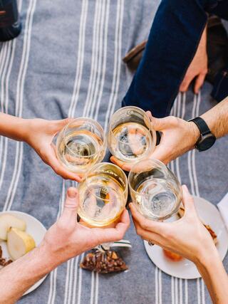 Four hands clink glasses of white wine, celebrating on a striped blanket with plates of snacks nearby.