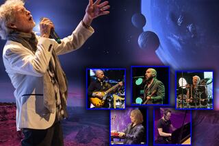A concert scene featuring a passionate singer against a cosmic backdrop, surrounded by smaller images of band members playing instruments.