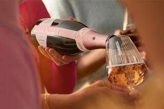 A hand holds a bottle of Chandon sparkling wine while another hand extends a glass, ready for a toast or celebration.