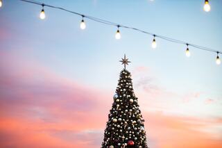 A beautifully decorated Christmas tree with vibrant ornaments stands tall against a colorful sunset, illuminated by charming string lights.