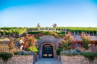 A charming winery entrance showcases vibrant flowers, stone walls, and lush vineyards under a clear blue sky, inviting visitors in.