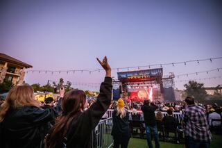 A lively outdoor concert scene at dusk, with enthusiastic fans enjoying the performance under string lights.