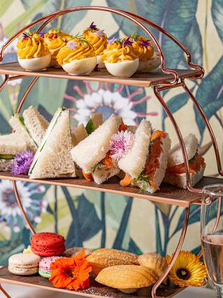 A tiered stand displays an assortment of colorful delicacies, including sandwiches, macarons, and beautifully garnished deviled eggs.